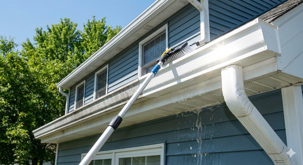 Before and after comparison of gutter brightening service removing oxidation streaks