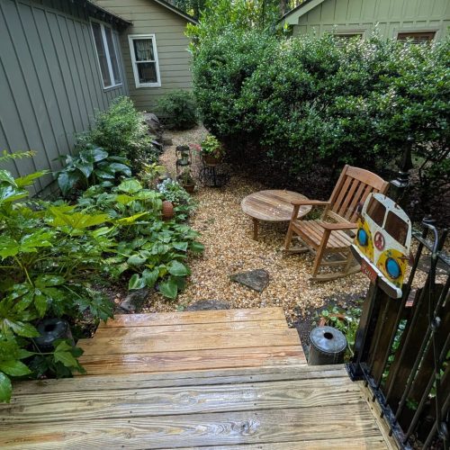 Serene garden pathway with seating